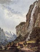 Johann Ludwig Aberli Fall d-eau apellee Staubbach in the Vallee Louterbrunnen Spain oil painting artist